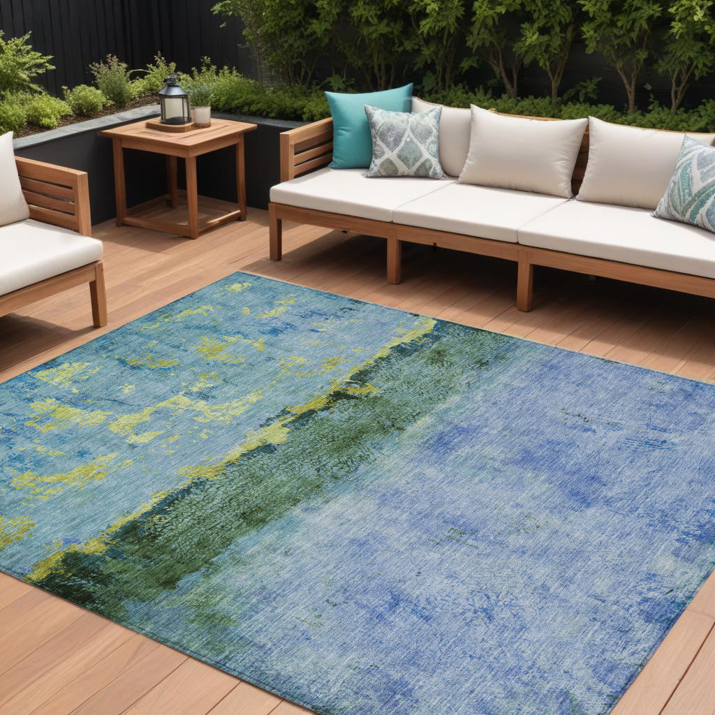 9 X 12 Blue And Lime Green Abstract Washable Indoor Outdoor Area Rug