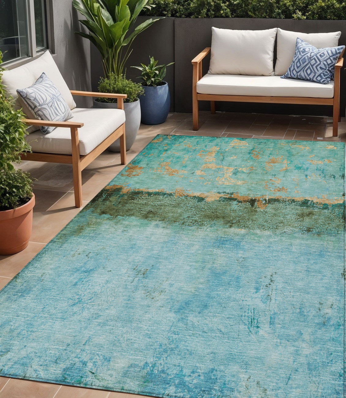 5 X 8 Teal Blue And Gold Abstract Washable Indoor Outdoor Area Rug