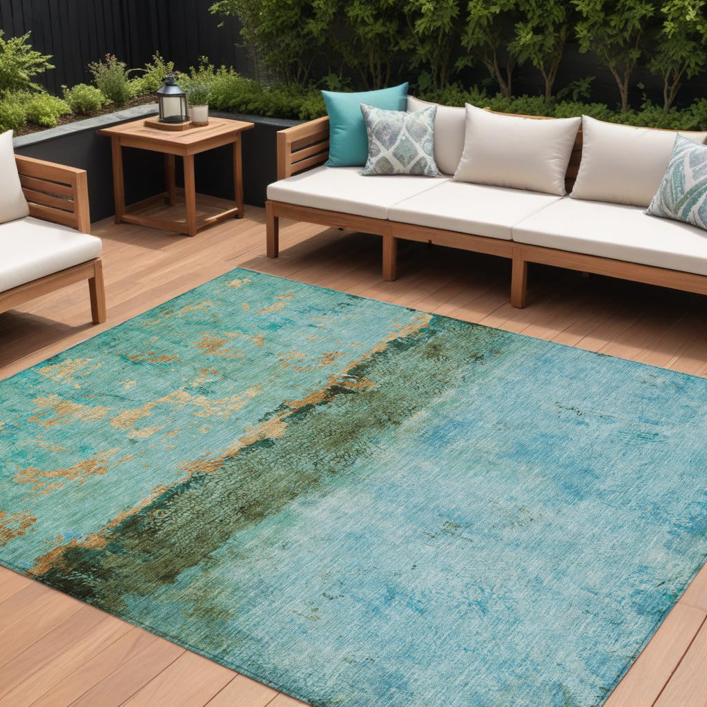 9 X 12 Teal Blue And Gold Abstract Washable Indoor Outdoor Area Rug