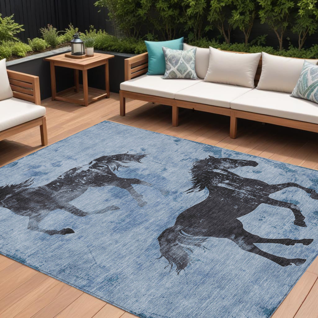 8 X 10 Denim Blue And Charcoal Horse Washable Indoor Outdoor Area Rug