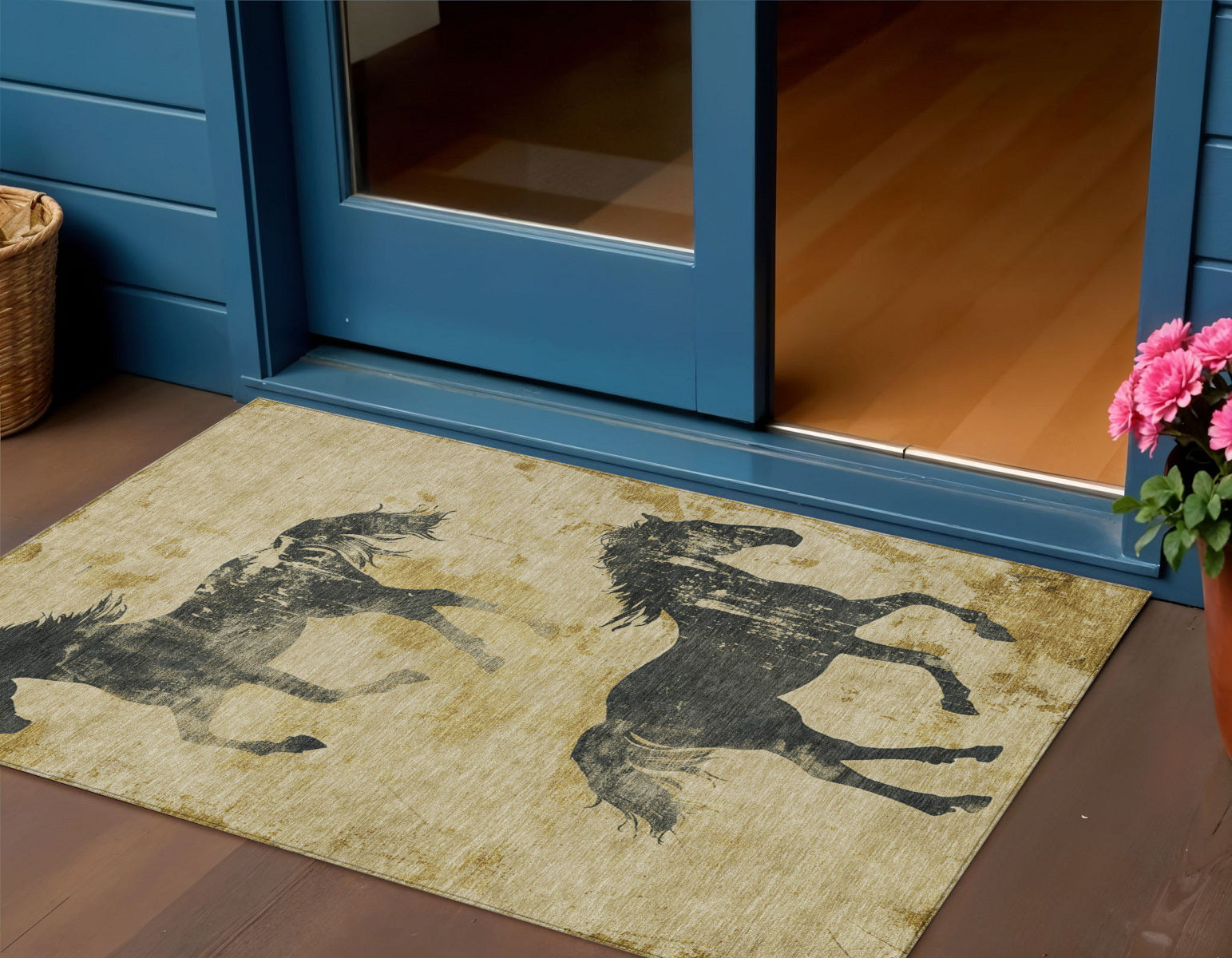 3 X 5 Gold And Charcoal Horse Washable Indoor Outdoor Area Rug