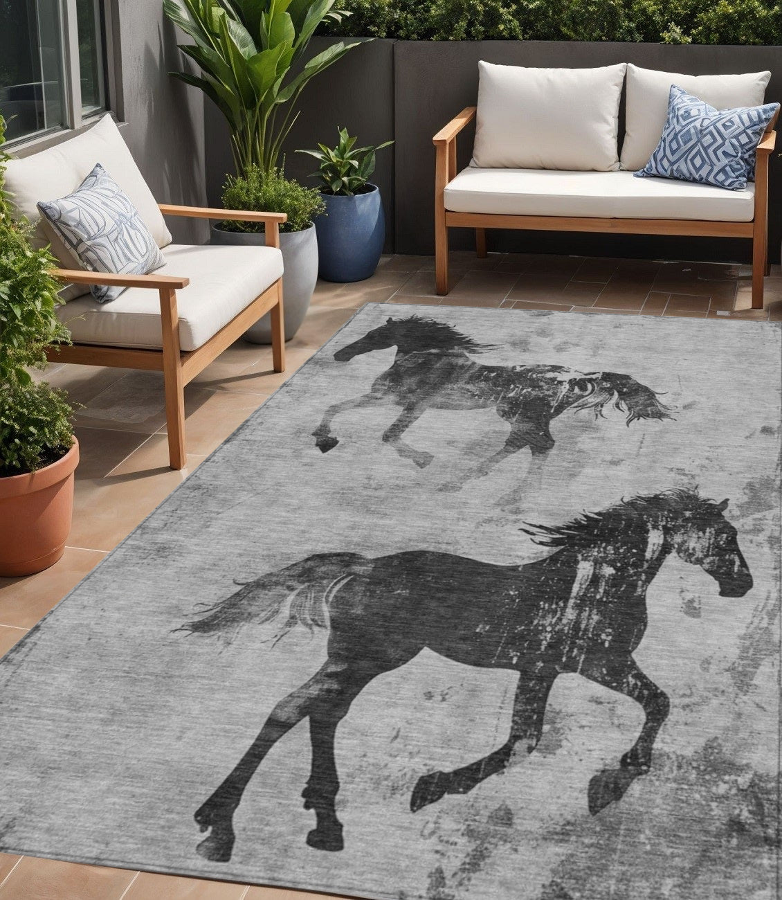 5 X 8 Gray And Charcoal Horse Washable Indoor Outdoor Area Rug
