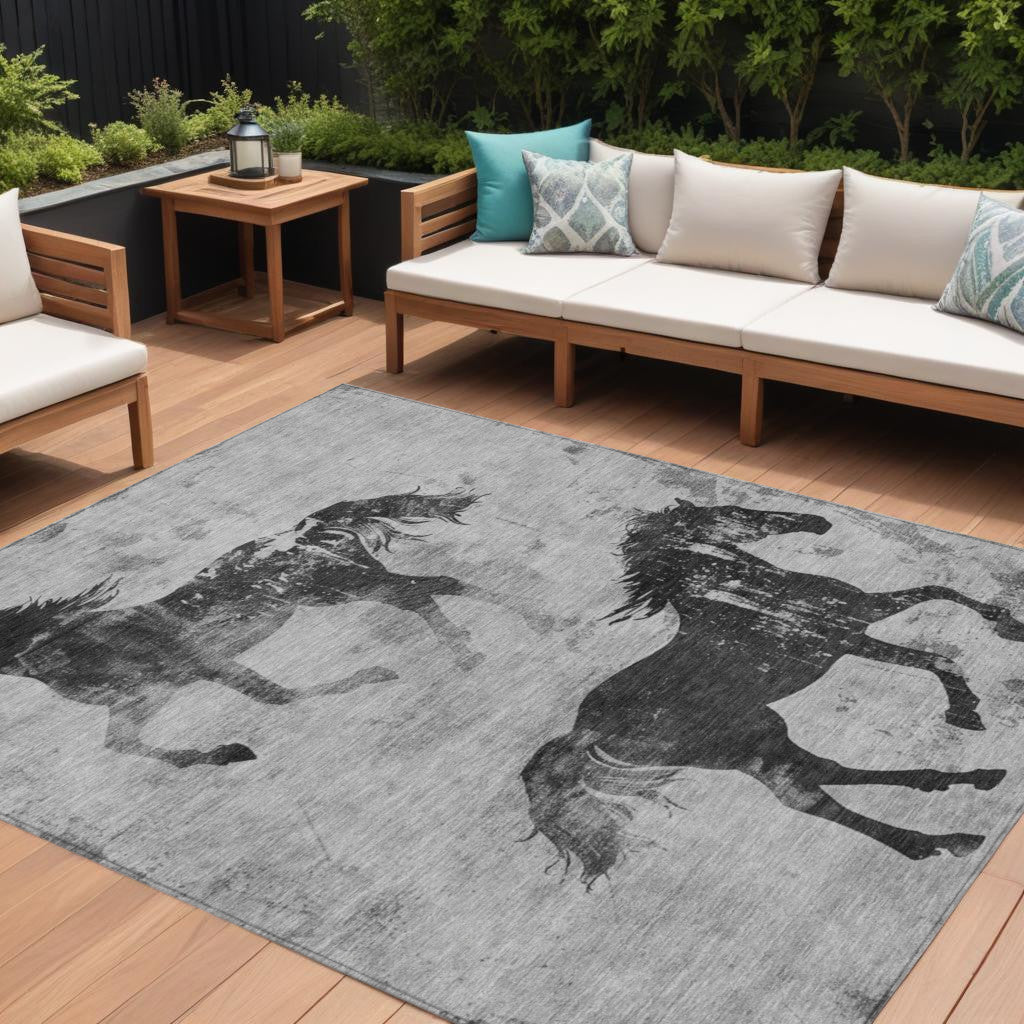 9 X 12 Gray And Charcoal Horse Washable Indoor Outdoor Area Rug