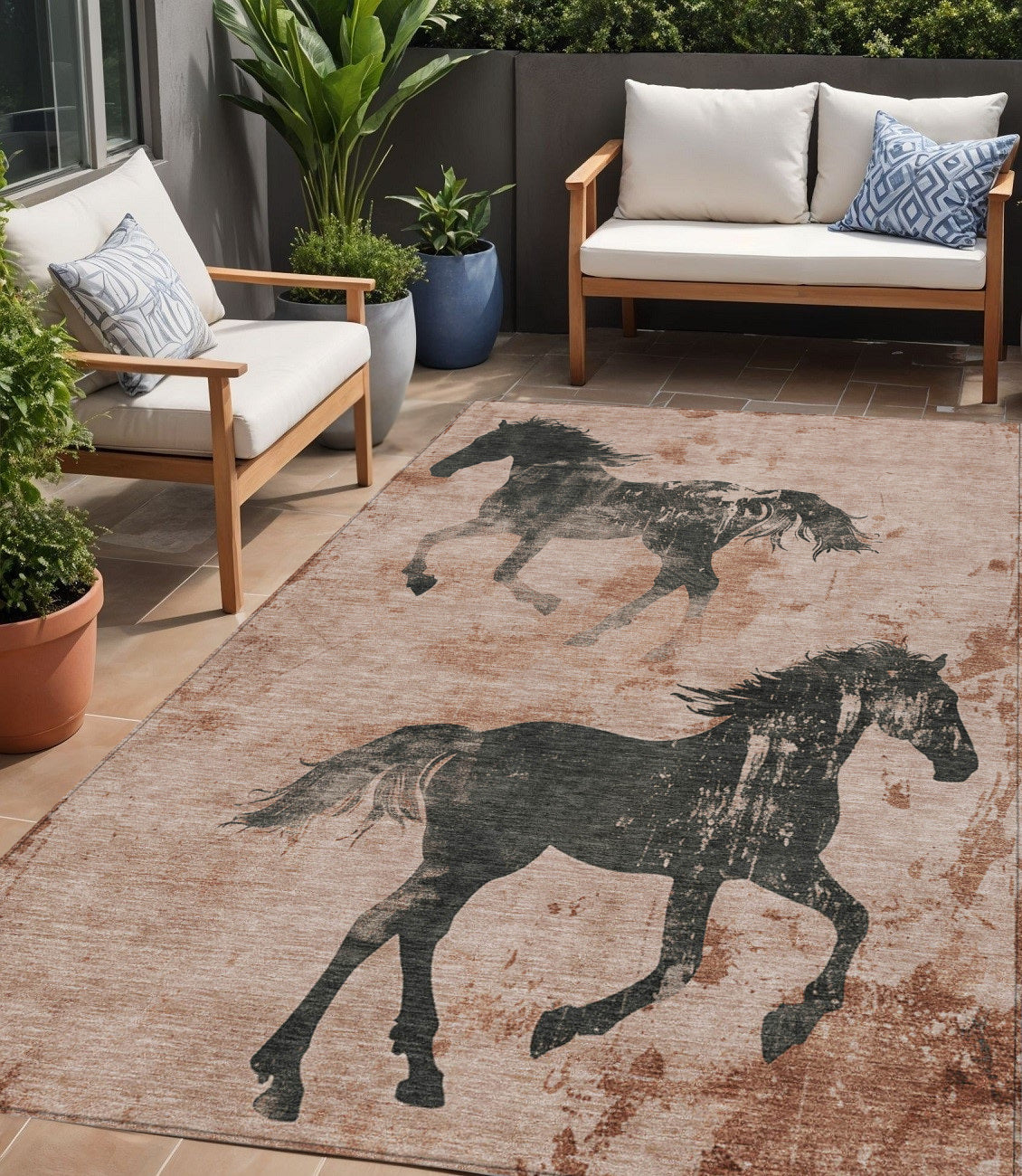 5 X 8 Rust And Charcoal Horse Washable Indoor Outdoor Area Rug