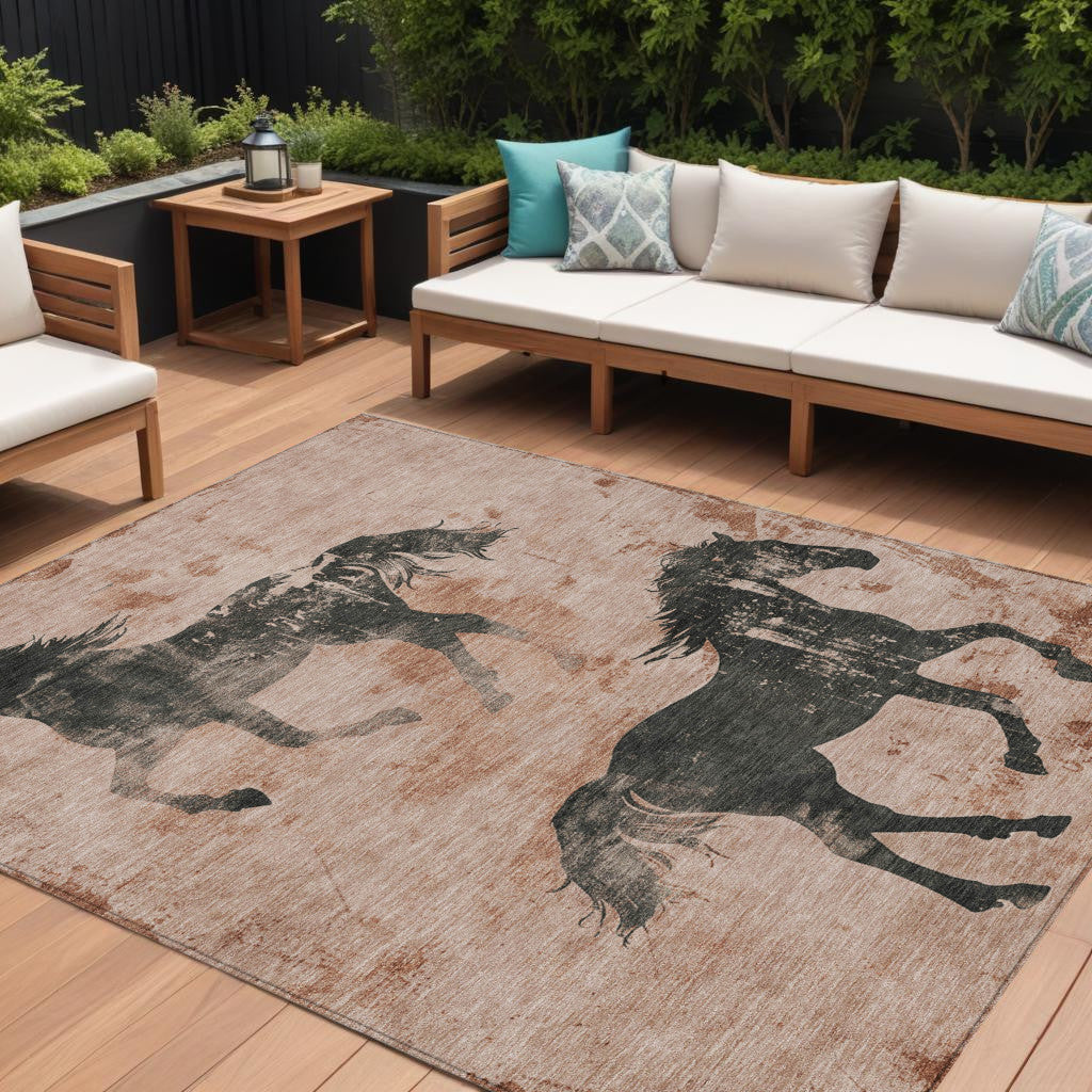 8 X 10 Rust And Charcoal Horse Washable Indoor Outdoor Area Rug