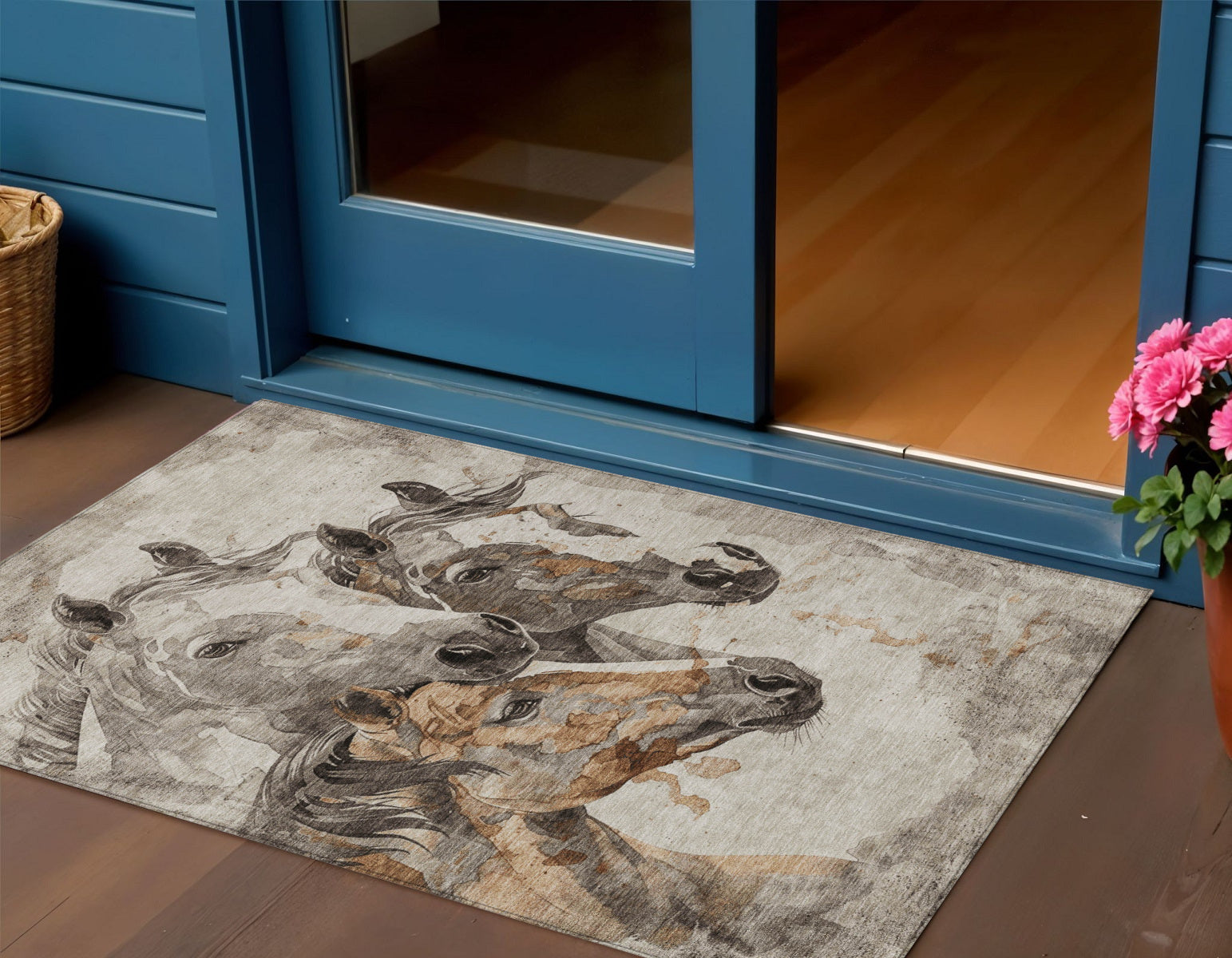 3 X 5 Beige And Gray Horse Washable Indoor Outdoor Area Rug