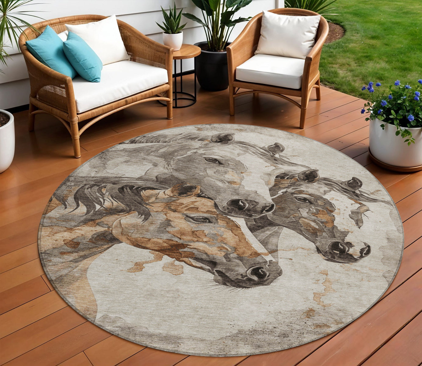8 Beige And Gray Round Horse Washable Indoor Outdoor Area Rug