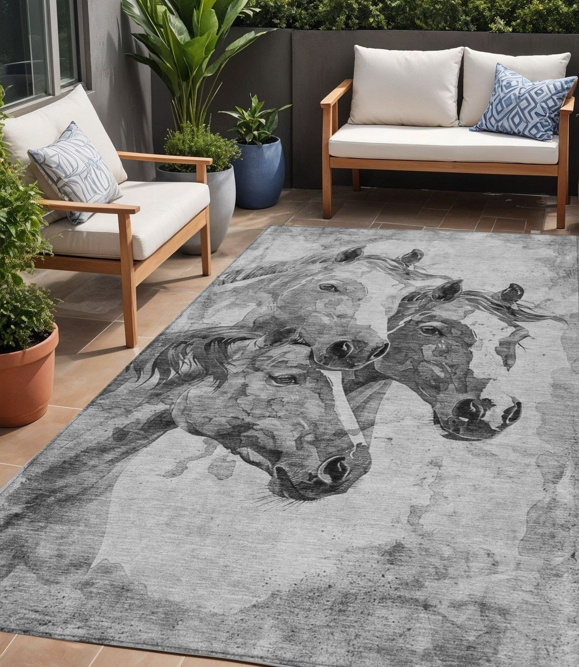 5 X 8 Gray And Silver Horse Washable Indoor Outdoor Area Rug