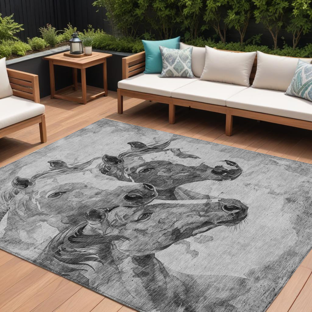 9 X 12 Gray And Silver Horse Washable Indoor Outdoor Area Rug