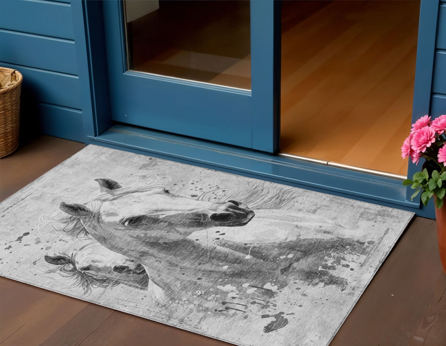 3 X 5 Gray And Silver Horse Washable Indoor Outdoor Area Rug
