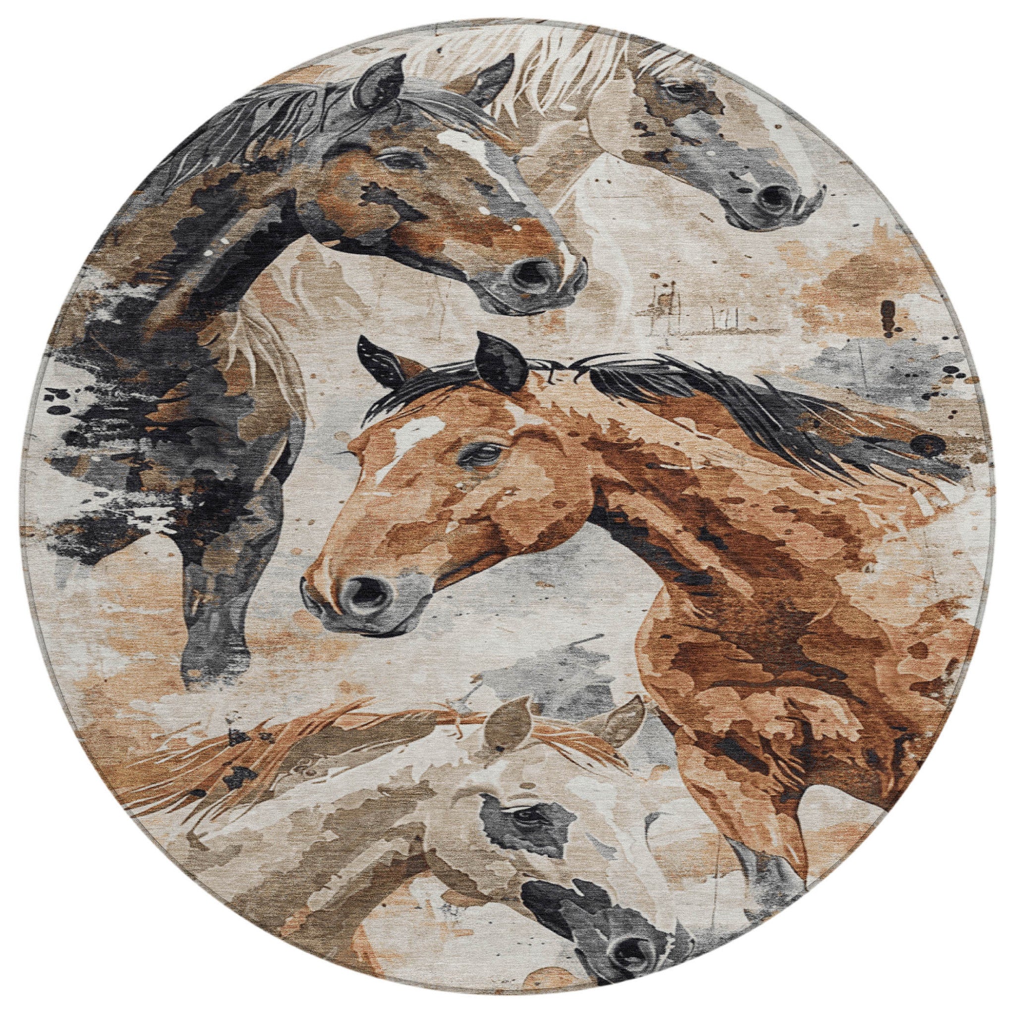 8 Beige Charcoal And Brown Round Horse Washable Indoor Outdoor Area Rug