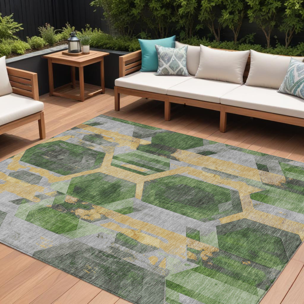 9 X 12 Green Gold And Silver Geometric Washable Indoor Outdoor Area Rug