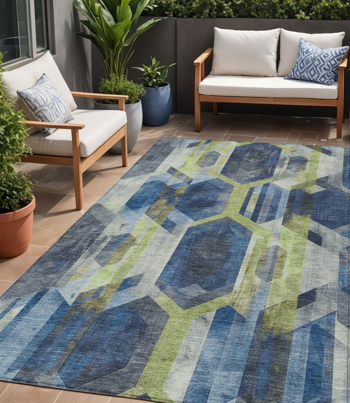 5 X 8 Navy Blue Gold And Silver Geometric Washable Indoor Outdoor Area Rug