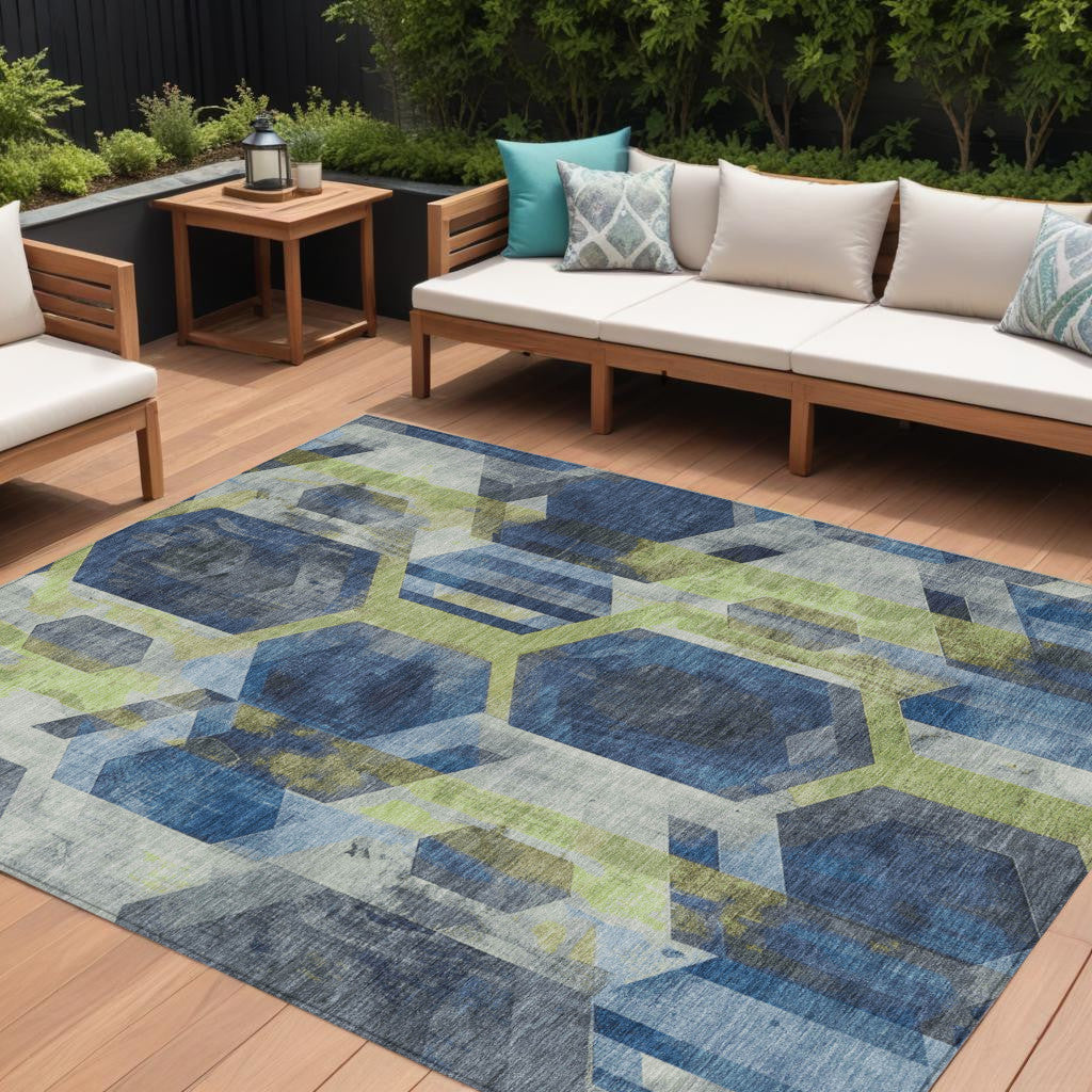 9 X 12 Navy Blue Gold And Silver Geometric Washable Indoor Outdoor Area Rug