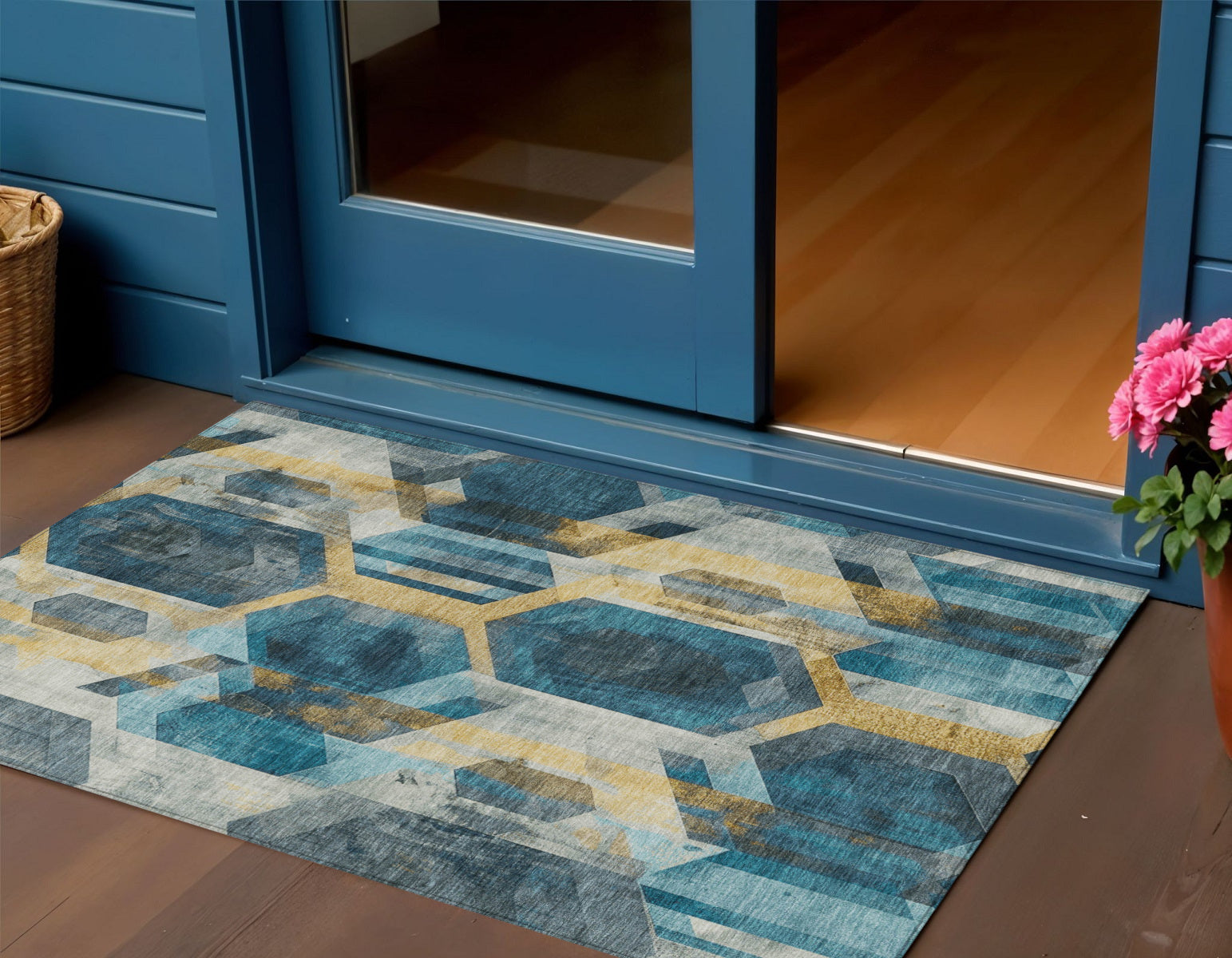 3 X 5 Teal Blue Gold And Silver Geometric Washable Indoor Outdoor Area Rug