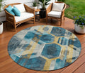 8 Teal Blue Gold And Silver Round Geometric Washable Indoor Outdoor Area Rug