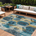 10 X 14 Teal Blue Gold And Silver Geometric Washable Indoor Outdoor Area Rug
