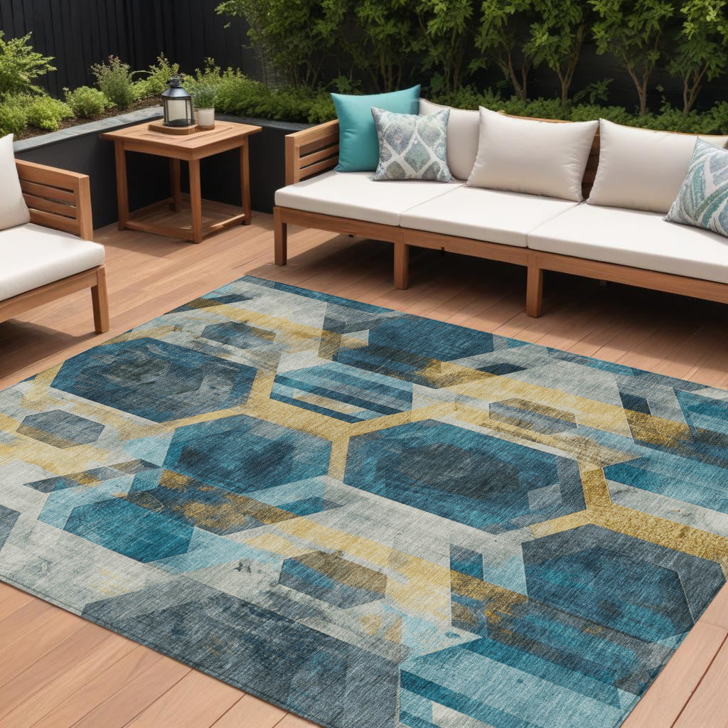 10 X 14 Teal Blue Gold And Silver Geometric Washable Indoor Outdoor Area Rug