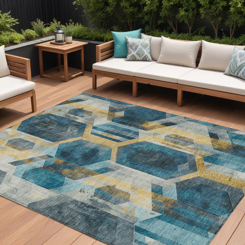 10 X 14 Teal Blue Gold And Silver Geometric Washable Indoor Outdoor Area Rug