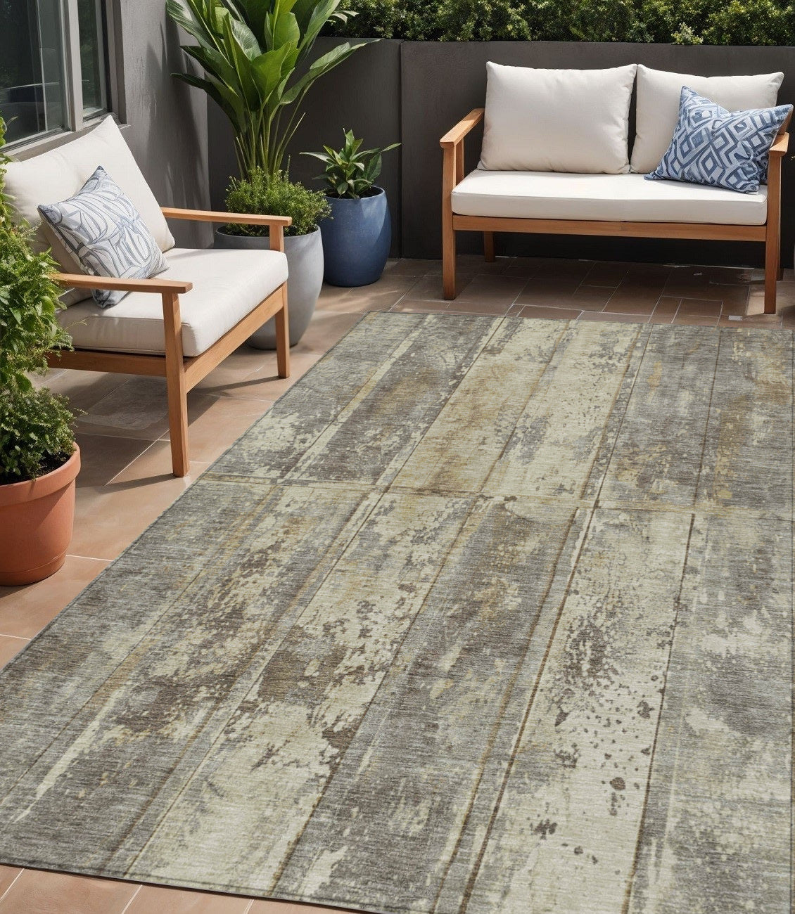 5 X 8 Beige Gold And Khaki Abstract Washable Indoor Outdoor Area Rug