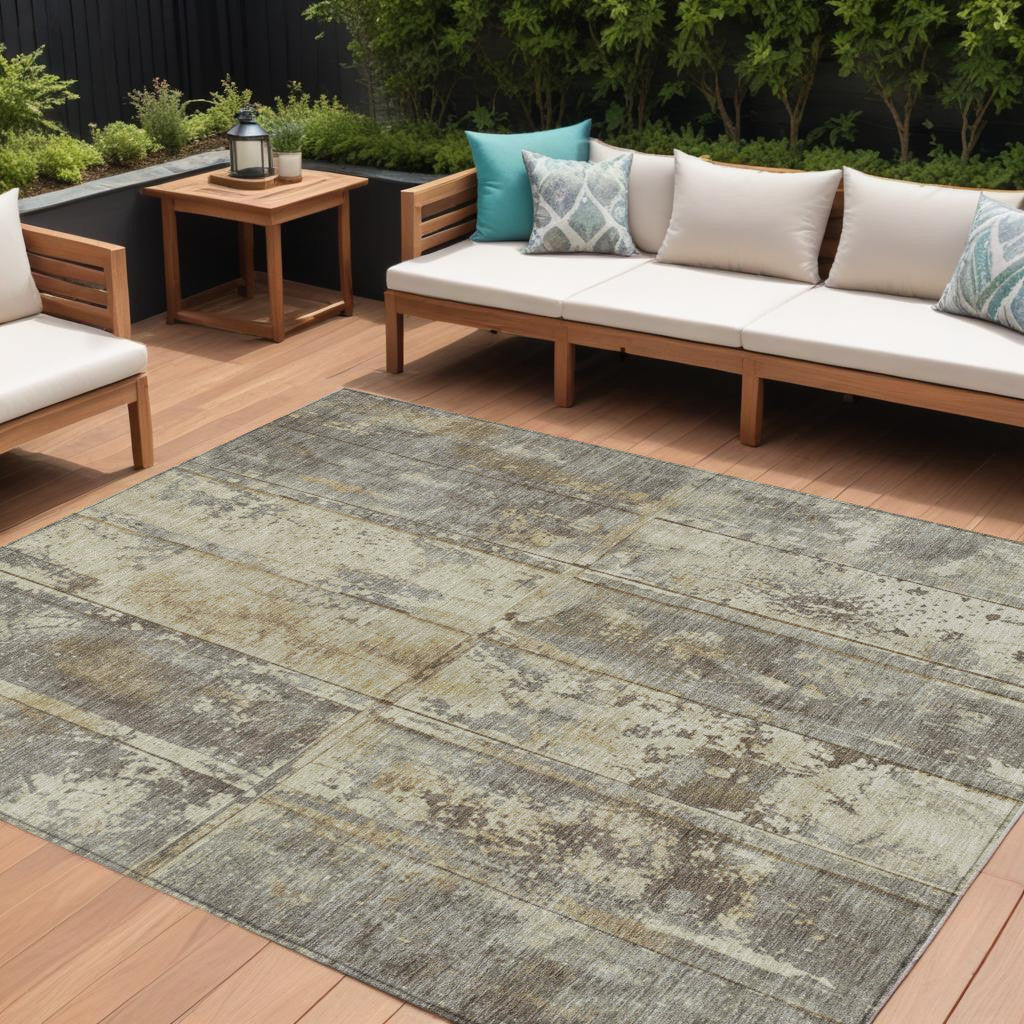 9 X 12 Beige Gold And Khaki Abstract Washable Indoor Outdoor Area Rug