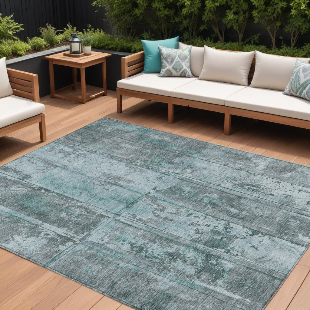9 X 12 Teal Blue Charcoal And Gray Abstract Washable Indoor Outdoor Area Rug