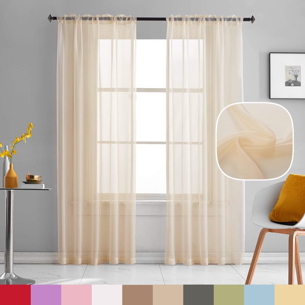 TOAVA DECO Beige Sheer Curtains 84 Inches Long 2 Panels Translucent Light Filtering Rod Pocket Beige Sheers Voile Curtain Panels