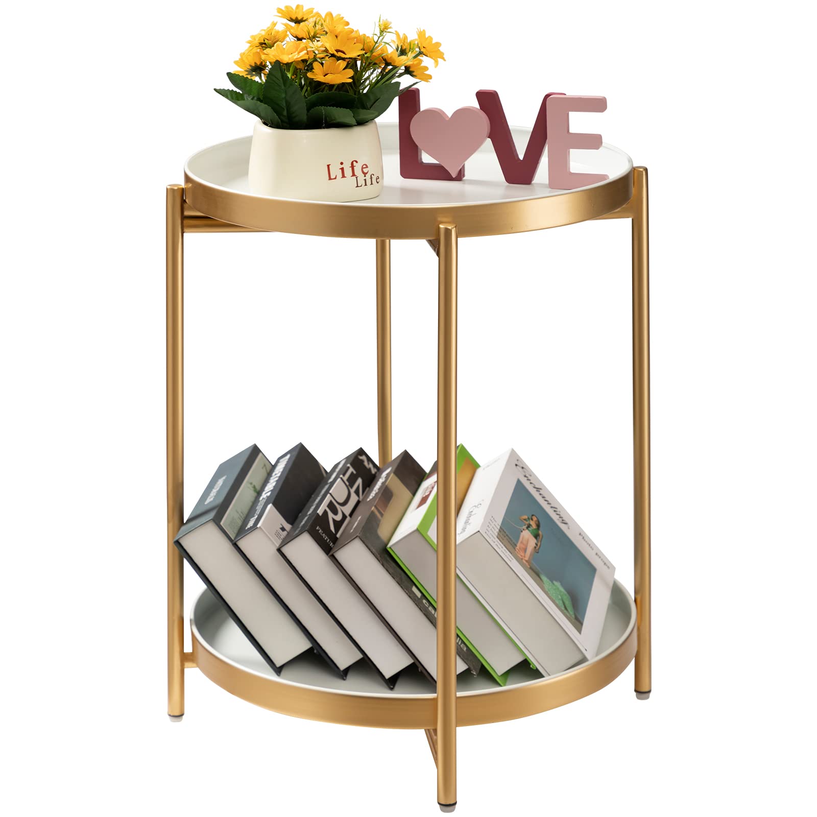 TeoKJ 2 Tier Gold Side Table, Folding Round Metal End Table Small Nightstand with Two Removable Tray for Bedroom Living Room Bed