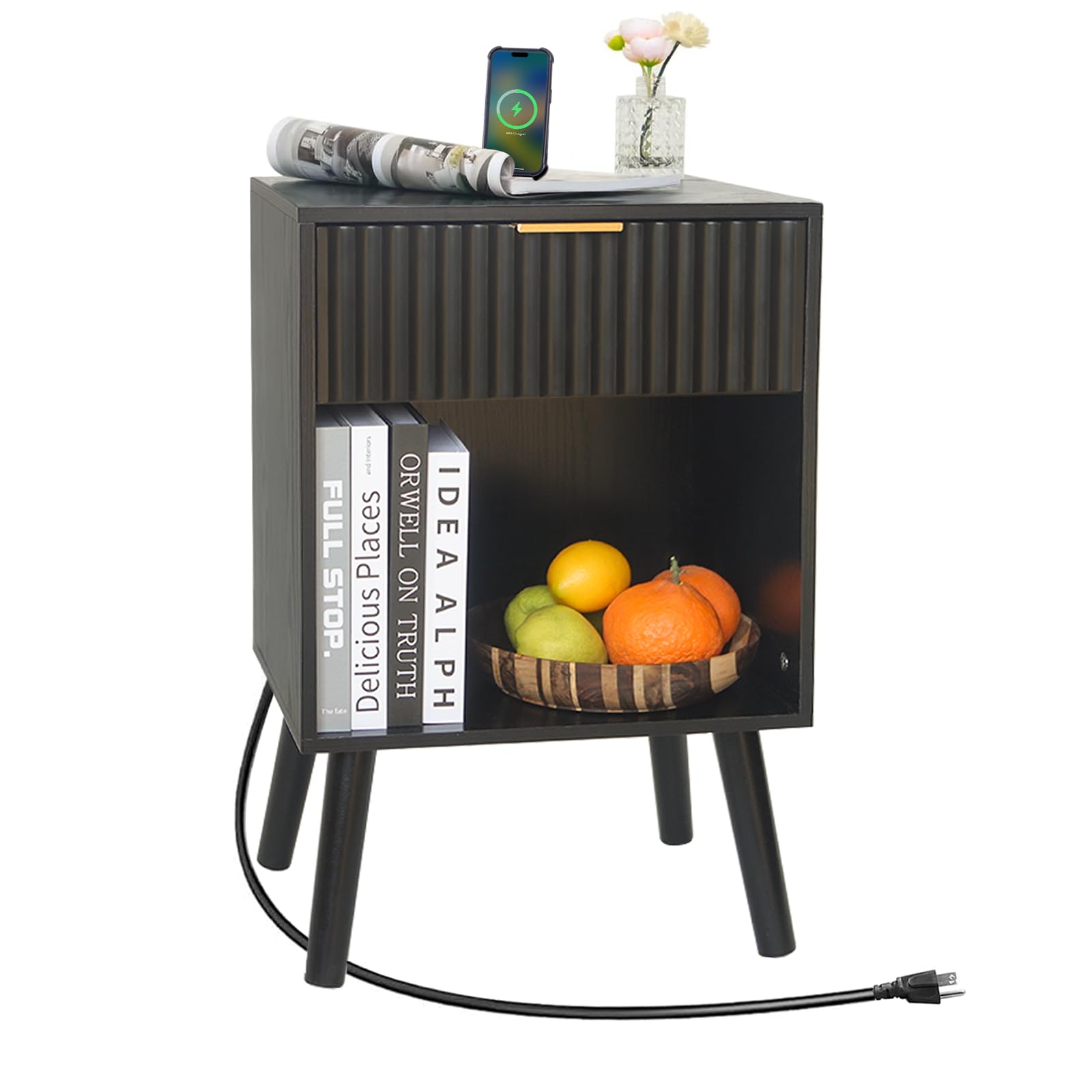 Fultyle Fluted Black Nightstand with Charging Station, Mid Century Modern Bedside Table with Drawers and Outlet,Side Tables Livi