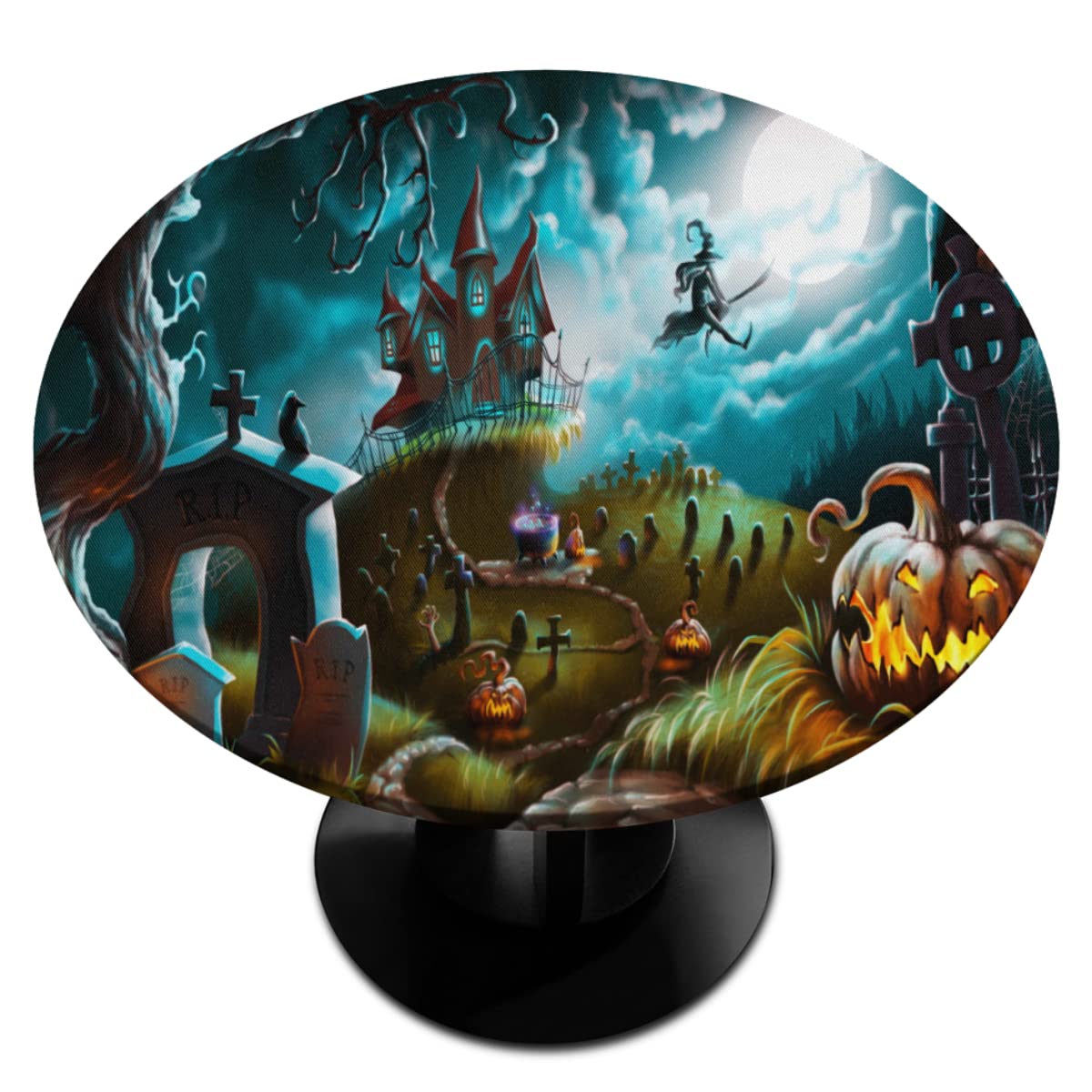 Halloween Castle Pumpkin Elastic Edge Round Tablecloth Teal Horror Fitted Round Table Cover Wipeable Table Cloth for Parties Out