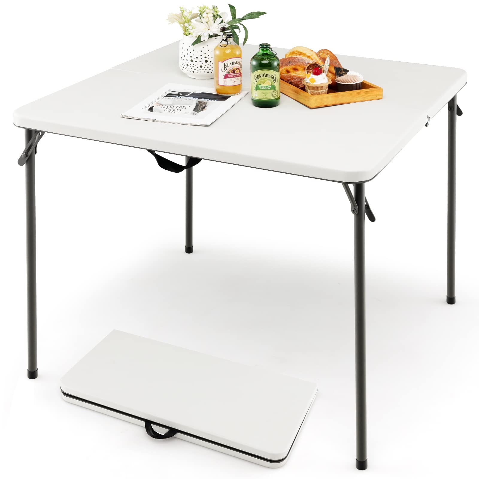 Goplus 34 Square Folding Card Table, Foldable Plastic Folding Tables, Portable Fold Up Table w/Handle, White Indoor Outdoor Util