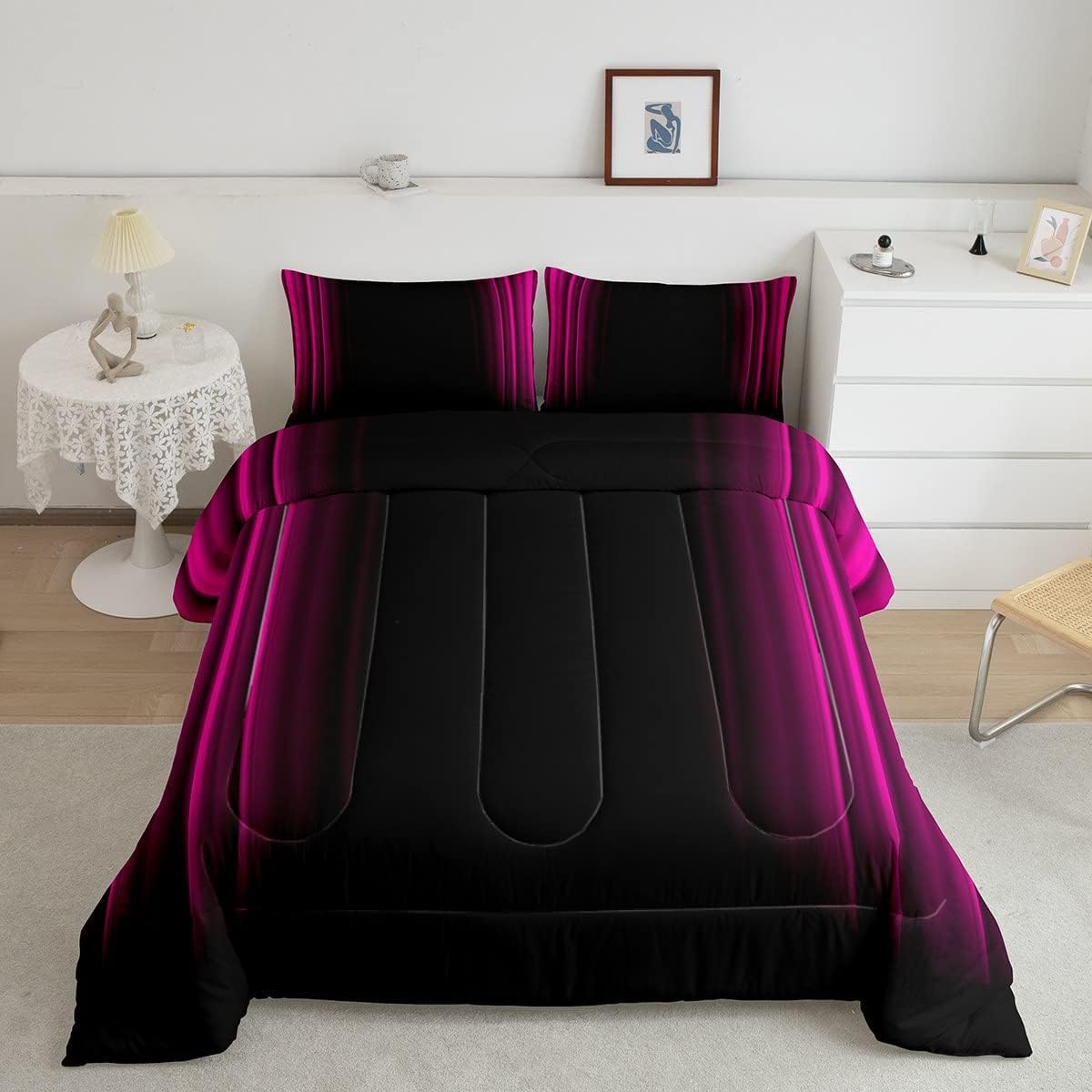 Geometric Abstract Ombre Bedding Bed Set Men Adults Teens Rose Red Black Striped Comforter Set Kids Boys Girls Simple Modern Com