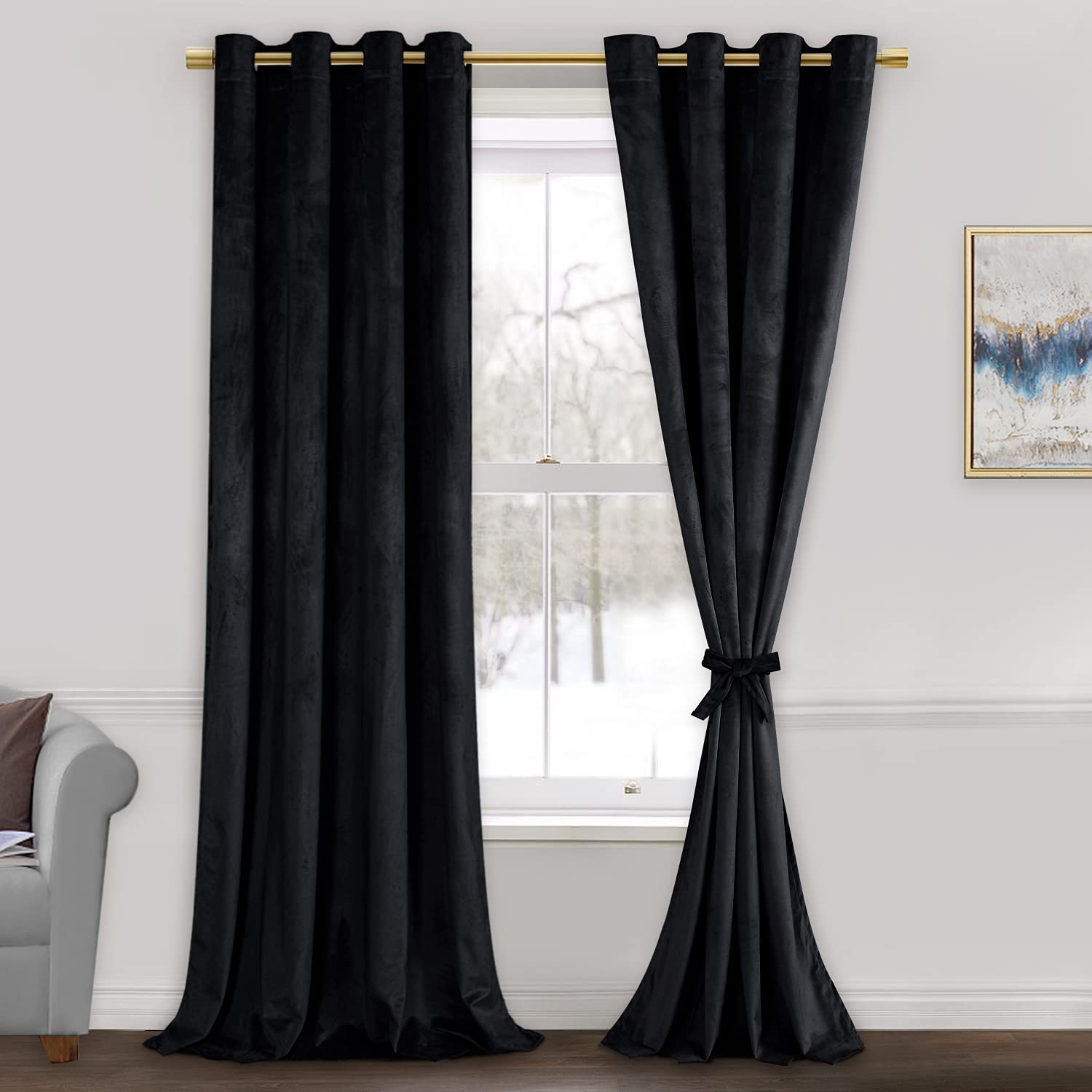 JIUZHEN Blcak Velvet Curtains for Living Room - 96 Inches Long Thermal Insualted Room Darkening Window Blackout Drapes for Bedro