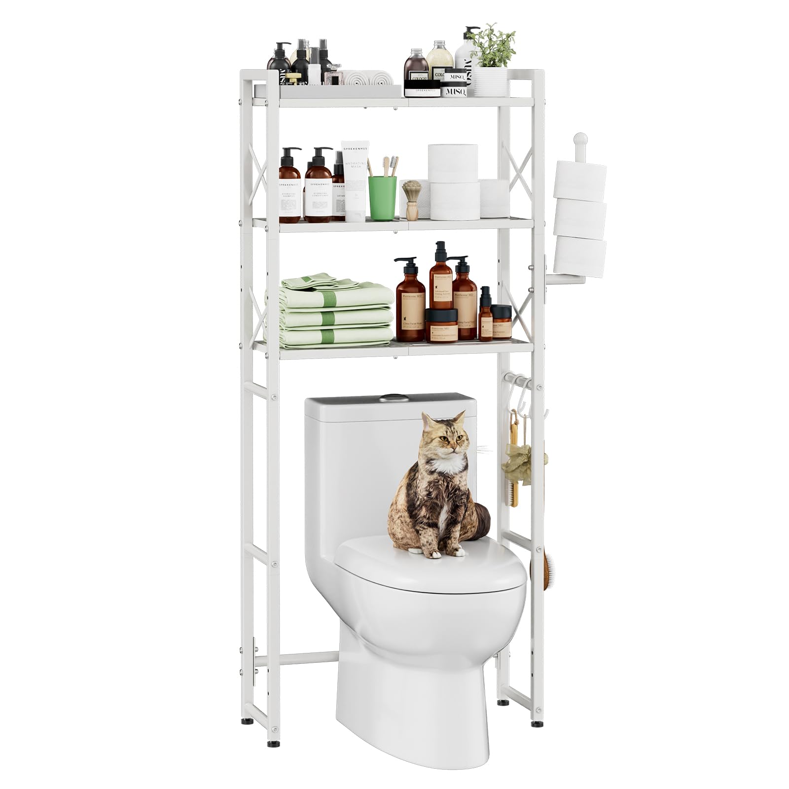 Simple Trending Over The Toilet Storage Rack with Toilet Paper Holder, Heavy Duty Metal 3 Tier Bathroom Organizer Shelf with 3 H