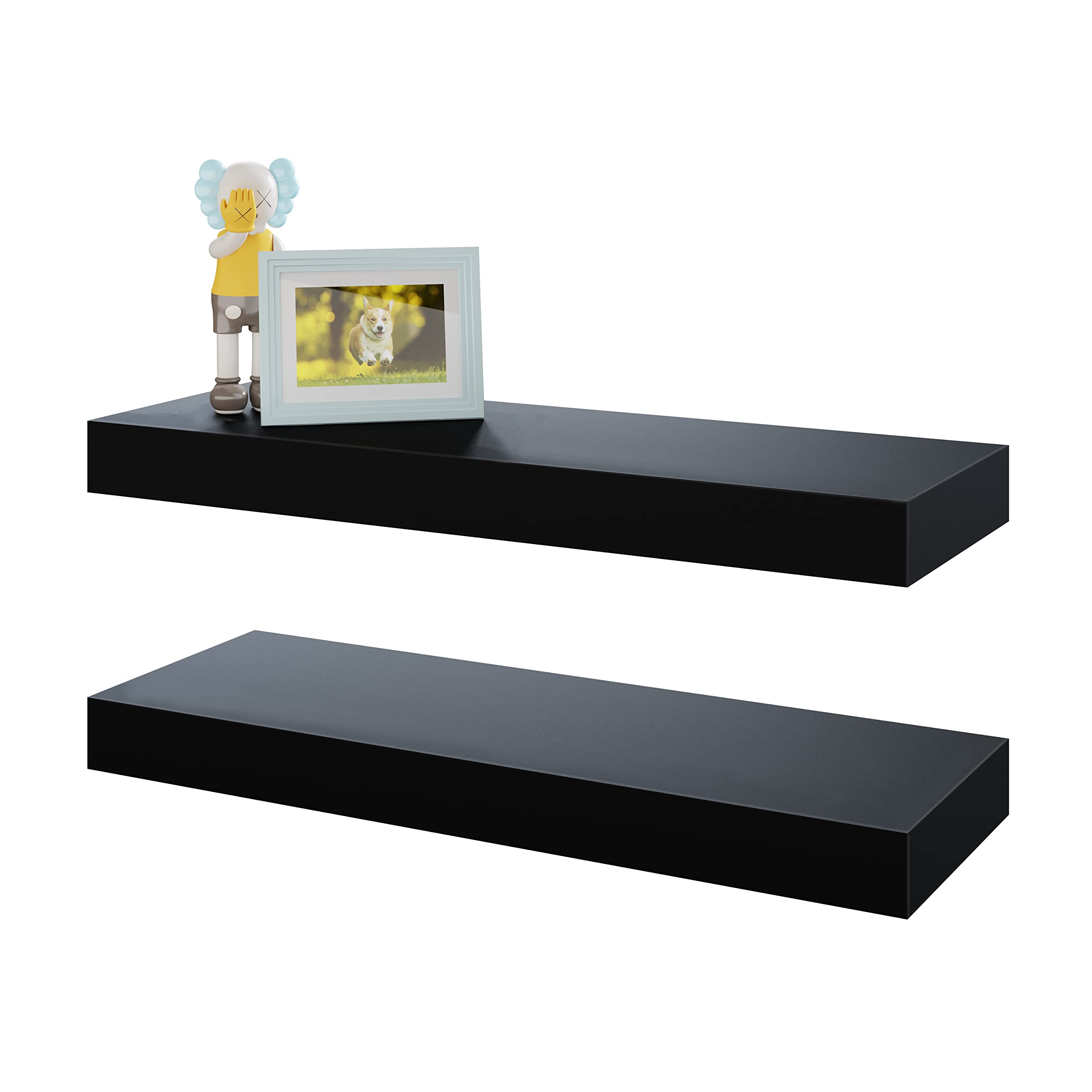 BAMEOS Floating Shelves, Black Wall Mounted Wooden Shelves with Invisible Brackets Set of 2, Hanging Wall Shelves Decoration for