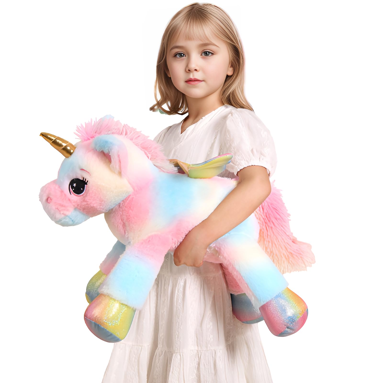 FFxiong 24 Inch Color Big Unicorn Stuffed Animal Plush Toy Pillow, Cute Soft Giant Unicorn with Rainbow Wings Large Doll, Gift f