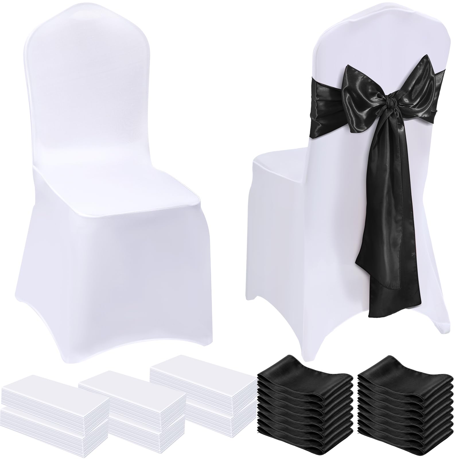 Mepase 100 Pcs Wedding Chair Covers 50 Stretch Spandex Chair Covers with 50 Decorative Elastic Chair Sash Silk Chair Bows for We