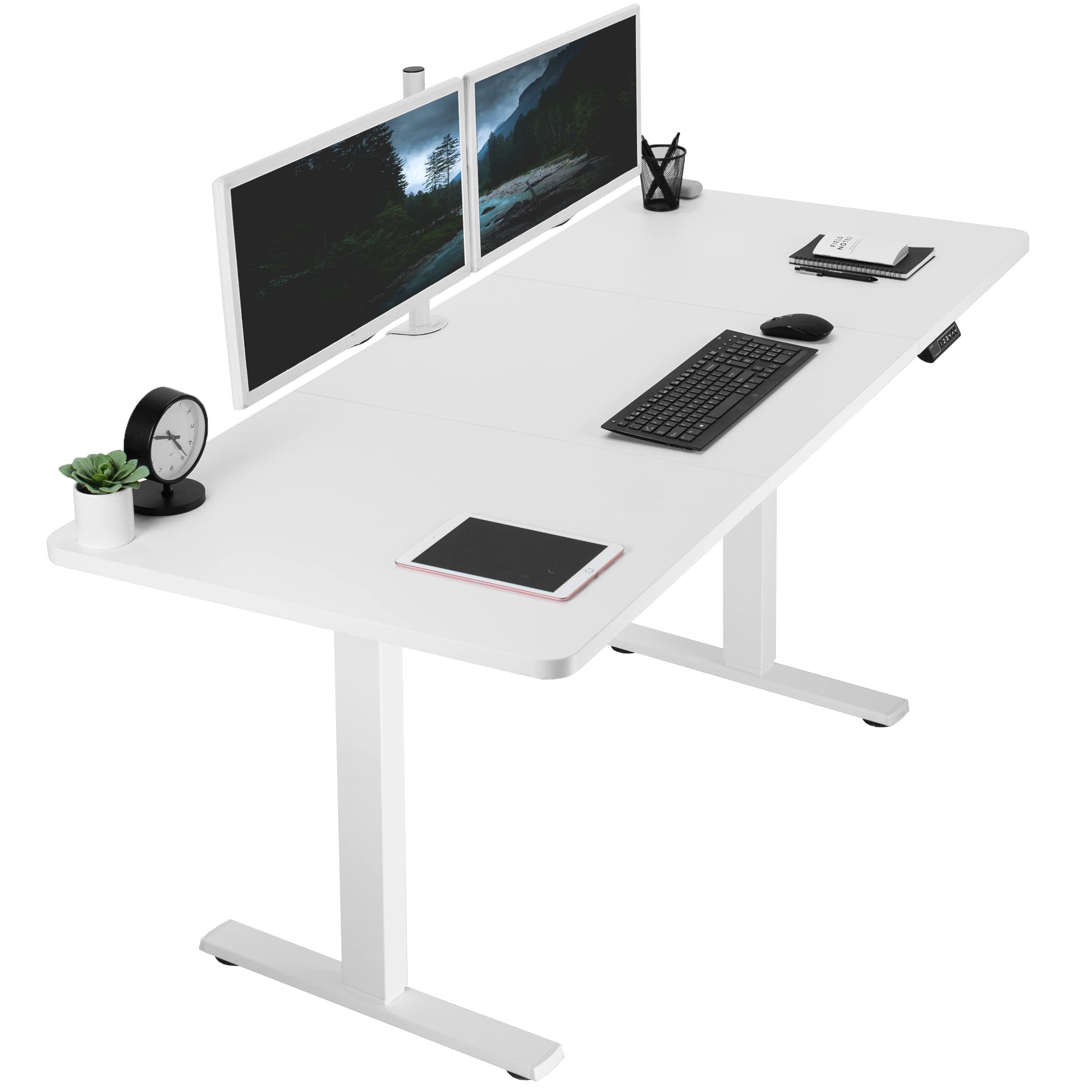 VIVO Electric Height Adjustable 71 x 30 inch Memory Stand Up Desk, White Table Top, White Frame, Standing Workstation with Prese