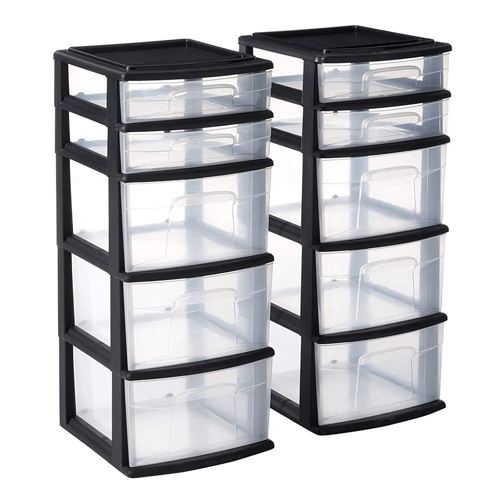 HOMZ 2-Pack 5-Drawer Storage Unit, Home & Office Plastic Organizer, Black Frame
