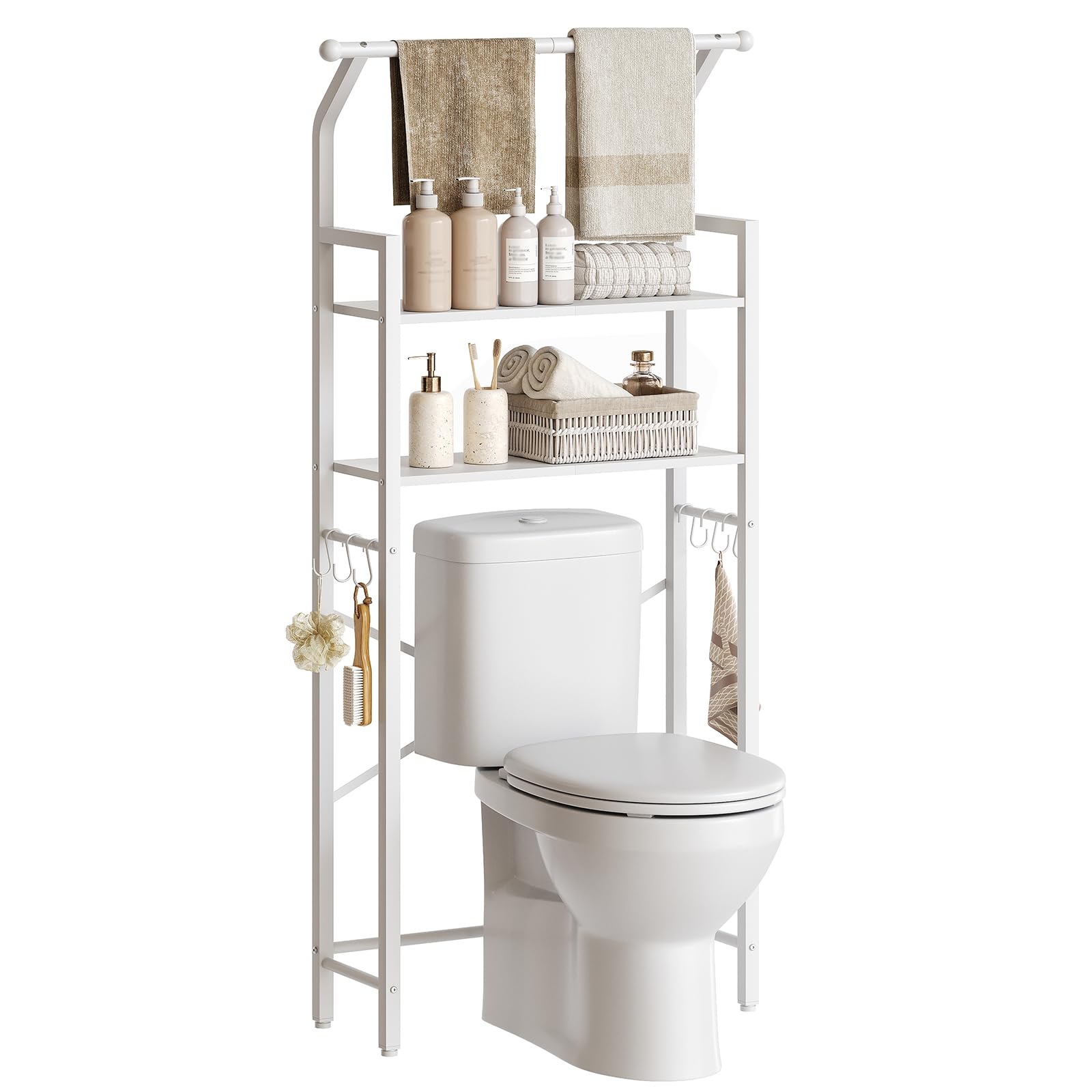 YATINEY Over The Toilet Storage, 2-Tier Bathroom Organizer Shelves with Hooks, Multifunctional Vertical The Toilet Shelf Storage