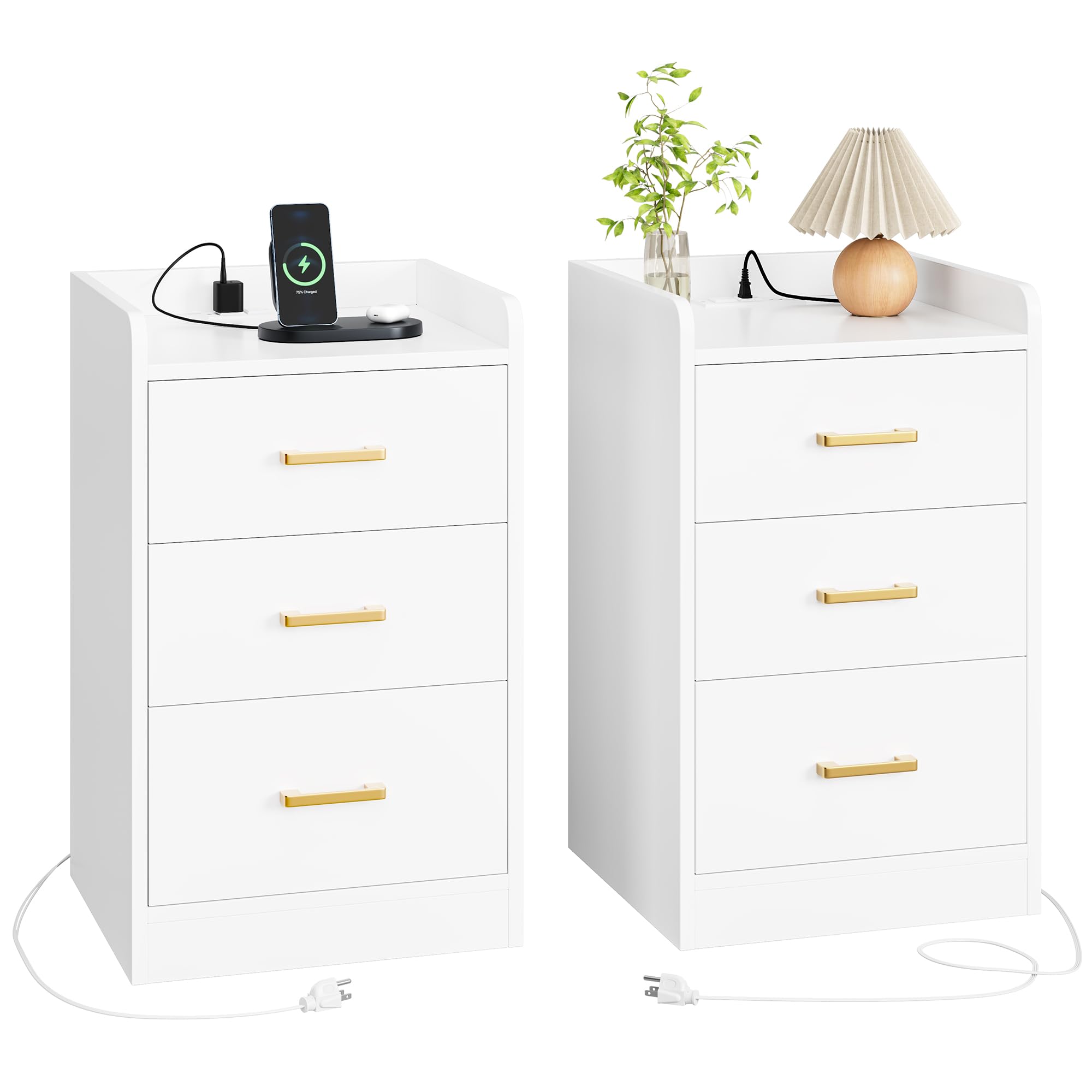 FOTOSOK Nightstands Set of 2 with Charging Station, 3 Drawer Nightstand with Gold Handles, White Nightstand for Bedroom, Modern 