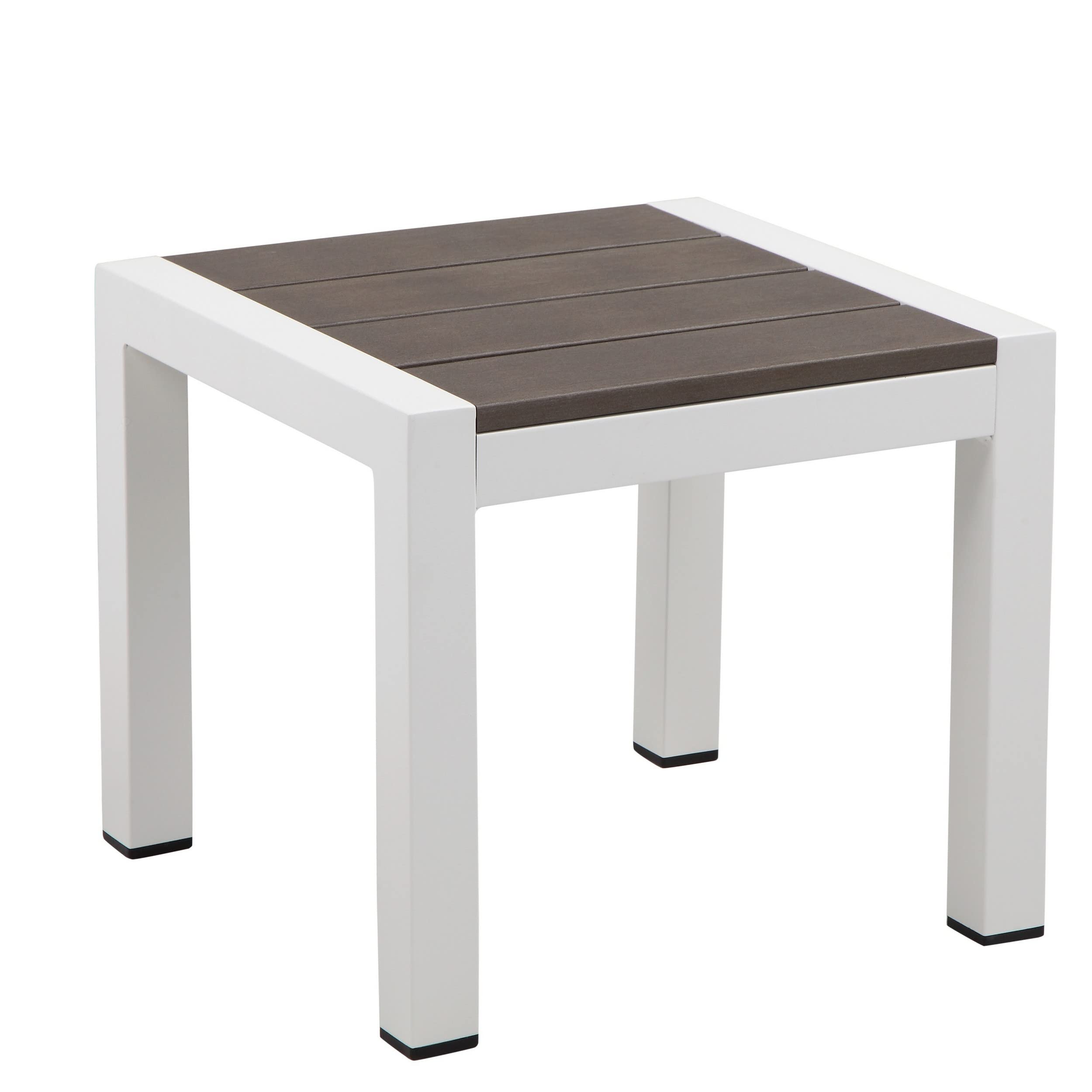 Benjara Josh 18 Inch Side End Table, Smooth Polyresin Planks, Aluminum Frame, White and Gray