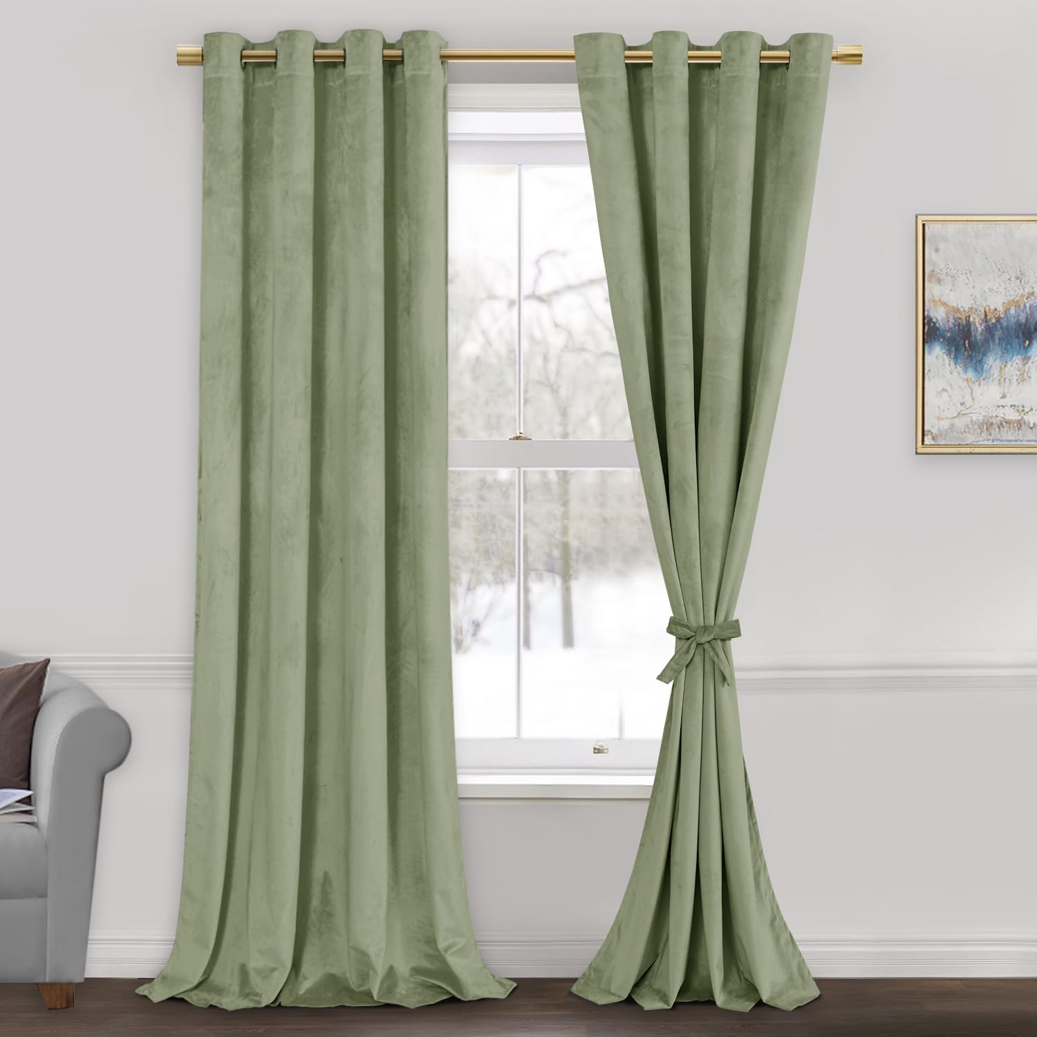 JIUZHEN Sage Green Velvet Curtains - Sage Green Bedroom Window Curtains & Drapes Room Darkening Energy Efficiency Curtains for L