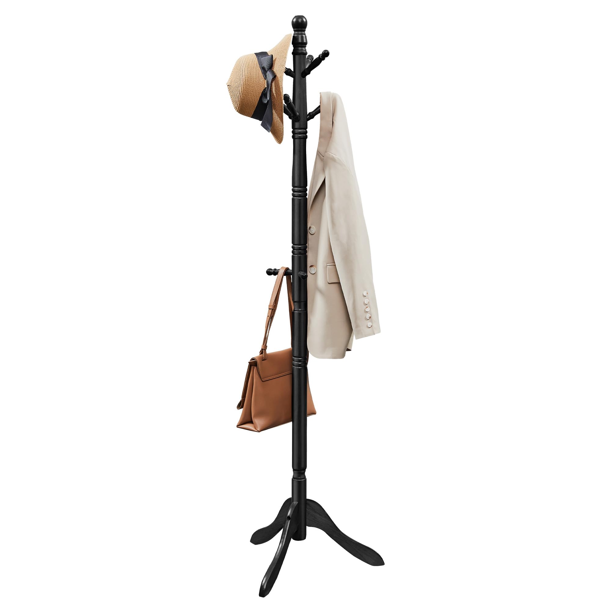 VASAGLE Solid Wood Coat Rack and Stand, Free Standing Hall Coat Tree with 10 Hooks for Hats, Bags, Purses, for Entryway, Hallway