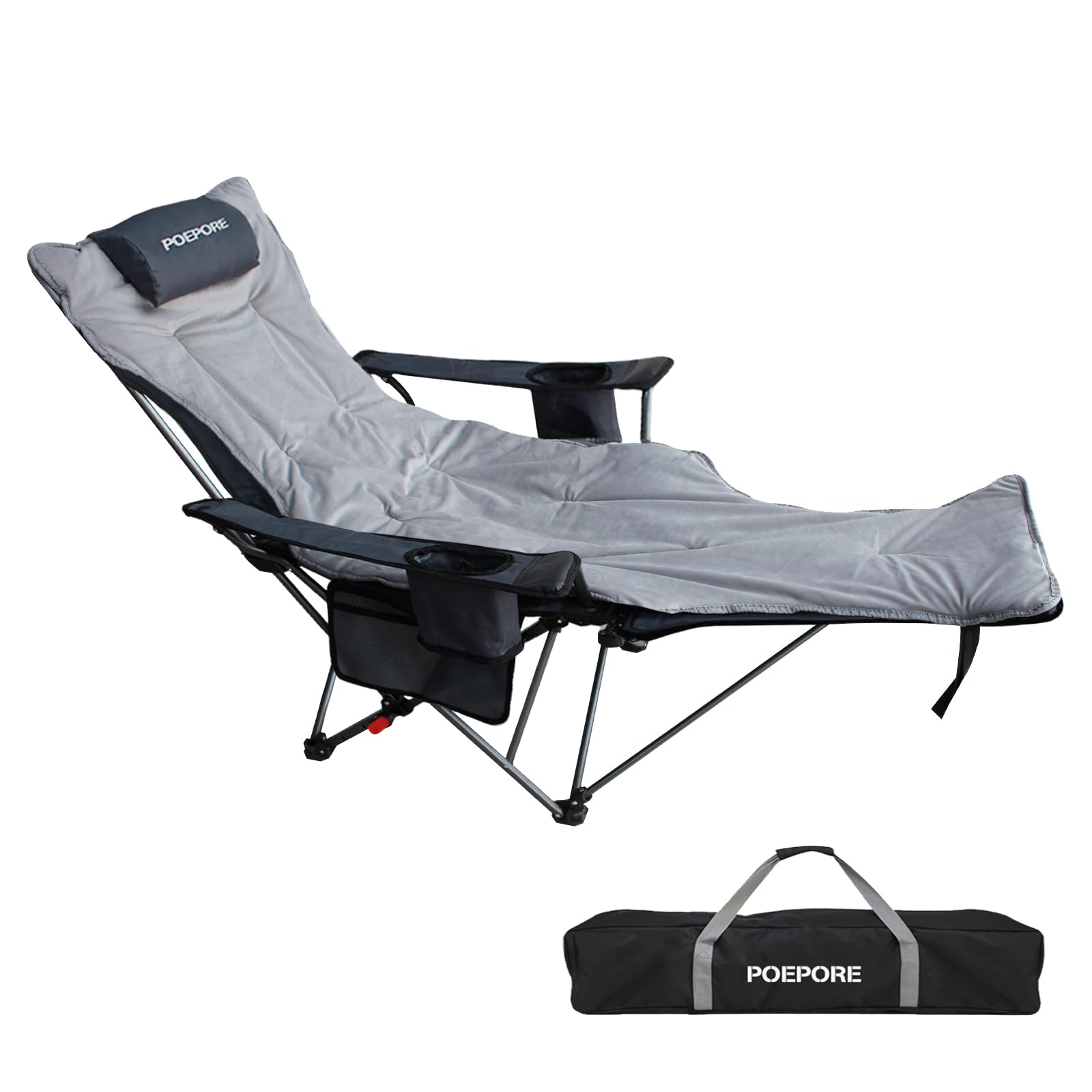 POEPORE Reclining Camping Chair with Removable Footrest Lounge Chair with Headrest, Cotton Cushion, Portable Adjustable Folding 