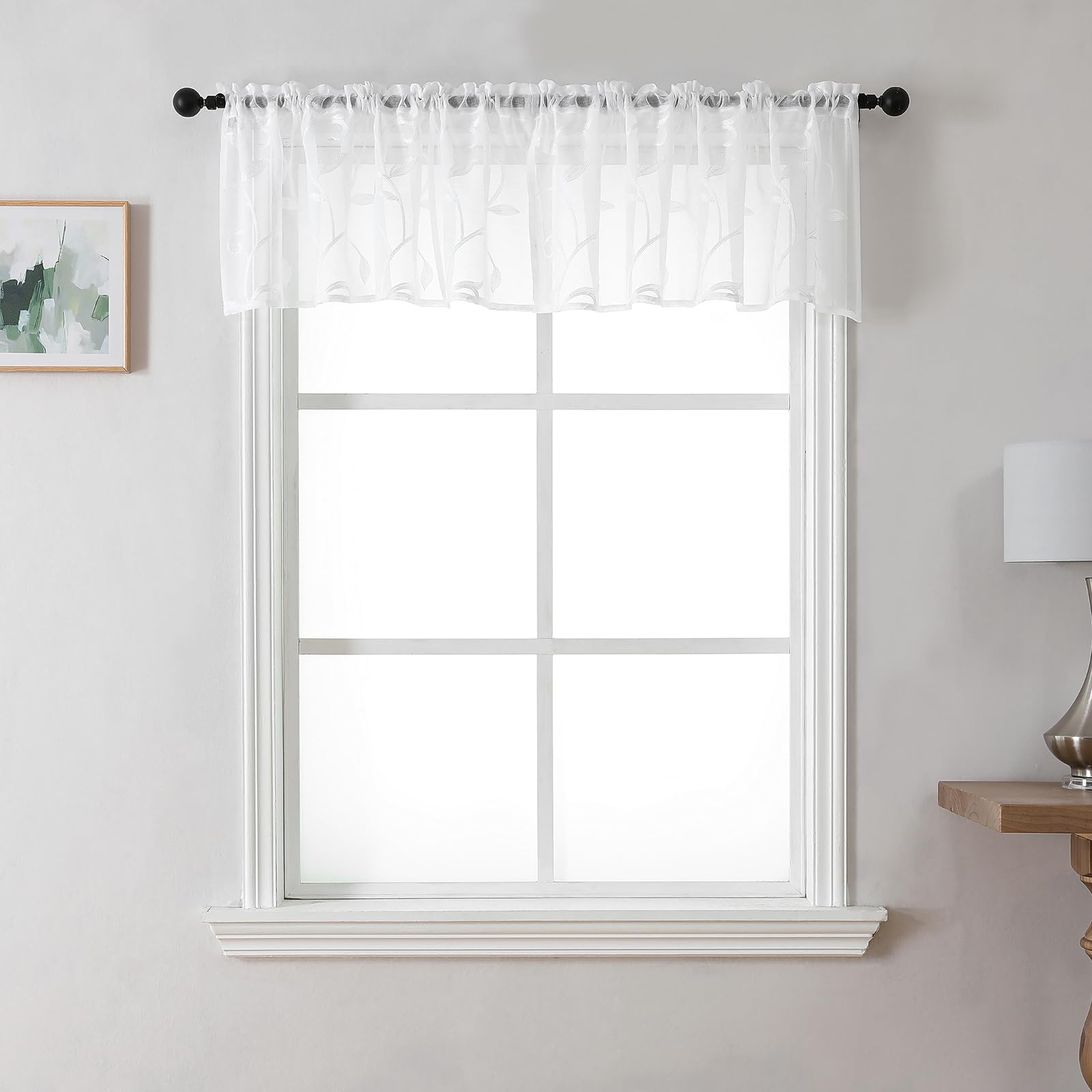 VISIONTEX Sheer Voile Curtain Valances, Decorative Leaves Embroidered, Rod Pocket Window Treatment for Kitchen/Rustic Bedroom/Li