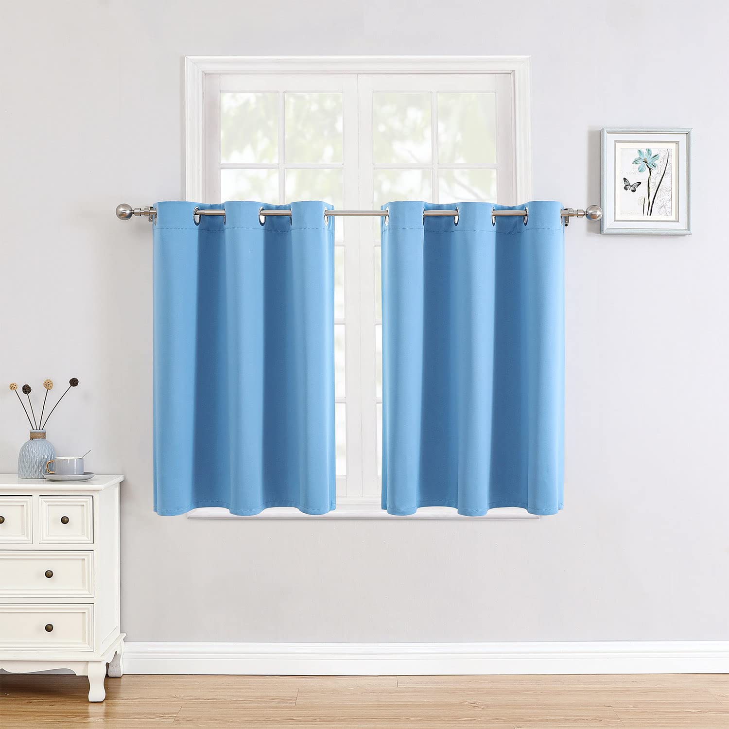 ChrisDowa Small Window Curtains for Kitchen and Bedroom - Grommet Short Thermal Insulated Room Darkening Curtains (2 Panels, Sky