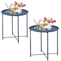 Garden 4 you Folding Tray Metal Side Table 2PC Blue Round End Table Cyan Sofa Small Accent Fold-able Table, Round End Table Tray
