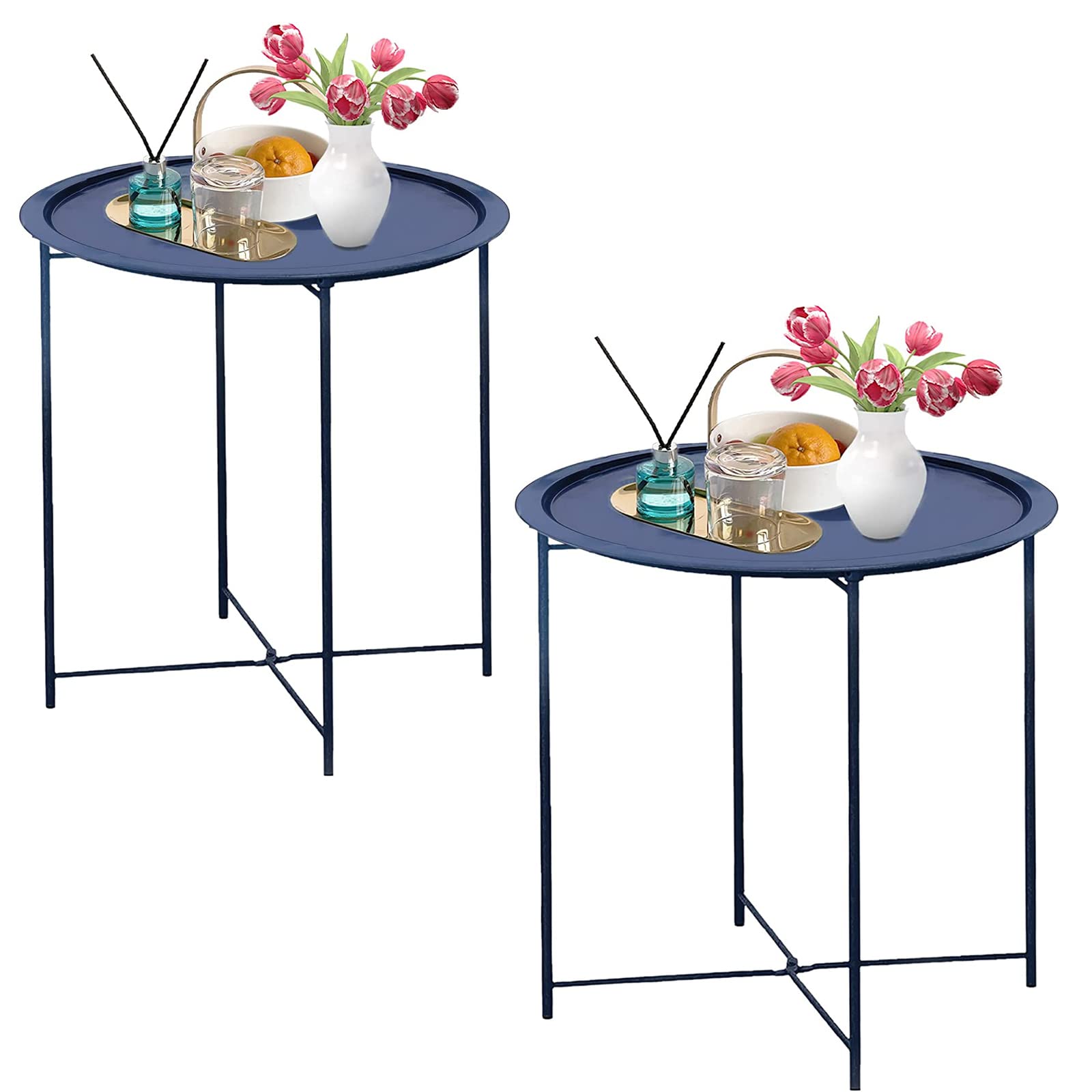 Garden 4 you Folding Tray Metal Side Table 2PC Blue Round End Table Cyan Sofa Small Accent Fold-able Table, Round End Table Tray