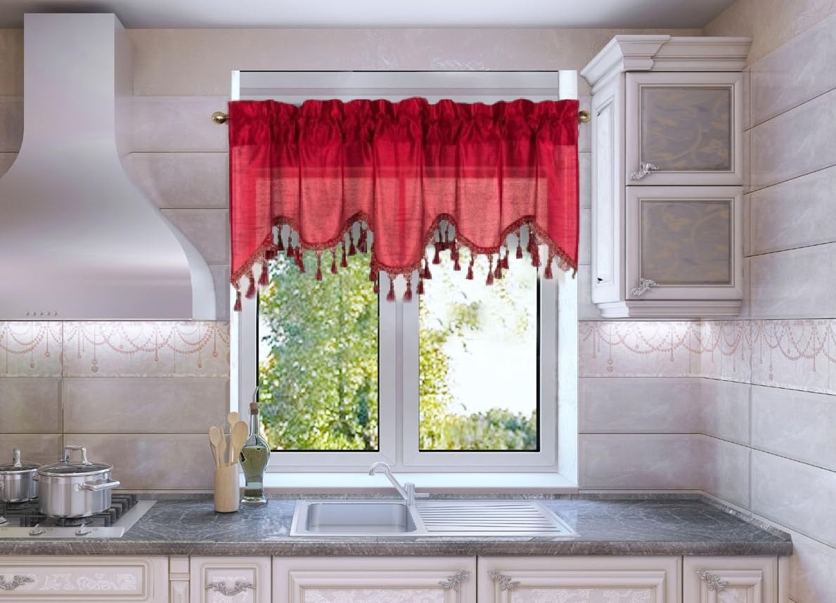 Solid Faux Silk Swag Waterfall Cascade Ascot Window Curtain Valance w/Tassels Trim 55  x18  Wave (1, Burgundy)